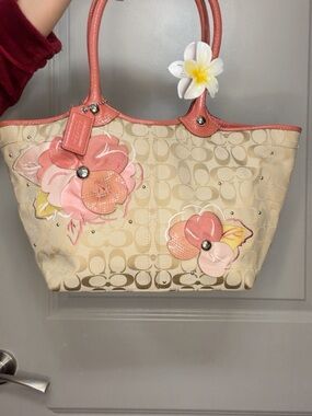 Coach Beige Signature Tote with Coral Pink Floral Appliqués
